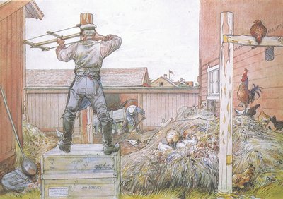 A kakas mindig kukorékolt, amíg Elfstrom fűrészelt és kalapált alkotó: Carl Larsson